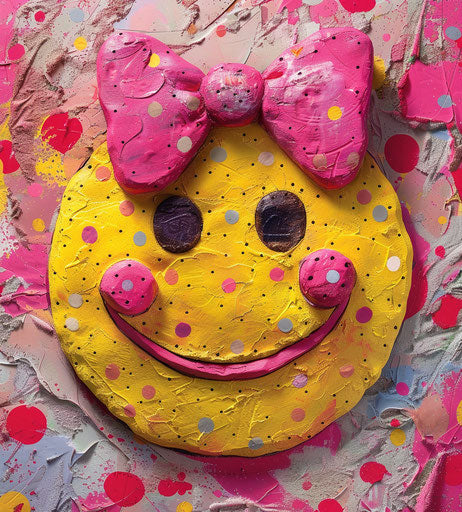 Yellow smiley face with bow, red and pink style, precisionism influence