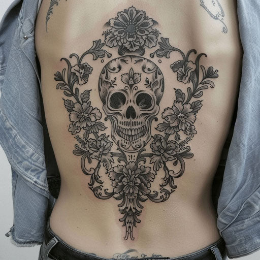 Floral skull tattoo on lower back