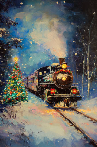 Vintage train with Christmas decorations illuminating snow