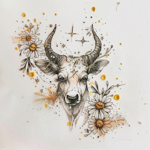Lovely tattoo sketch of the Taurus constellation surrounded by dainty daisies and gentle yellow tones