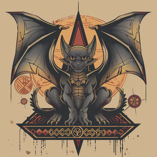 Illustration of gargoyle tattoo with ancient symbols