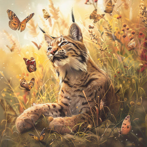 Lynx playing with butterflies in a meadow