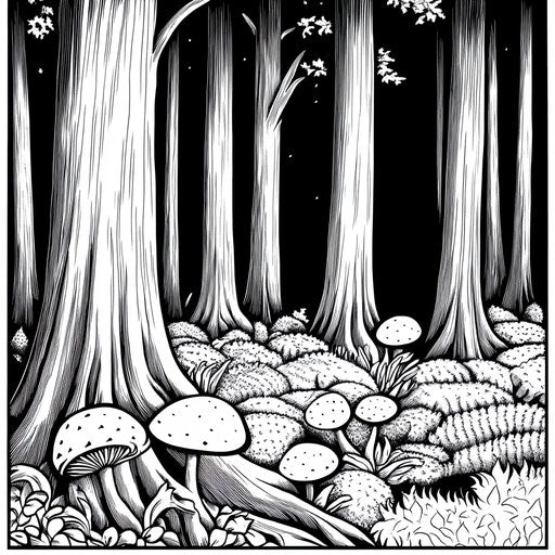 Editorial forest with clever designs, in the style of Walt Handelsman, sharp and engaging Coloring book page