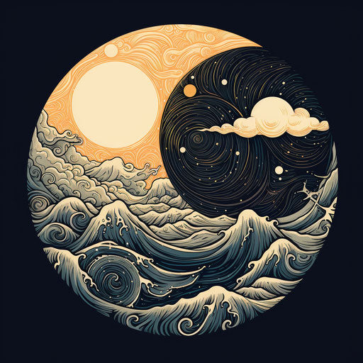 Vintage aesthetics yin yang moon and sun illustration in ink