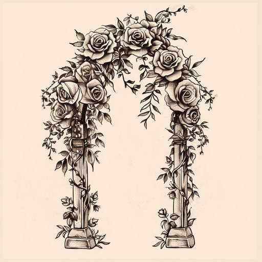 Bold flat tattoo sketch of a wedding arch adorned with roses and ivy