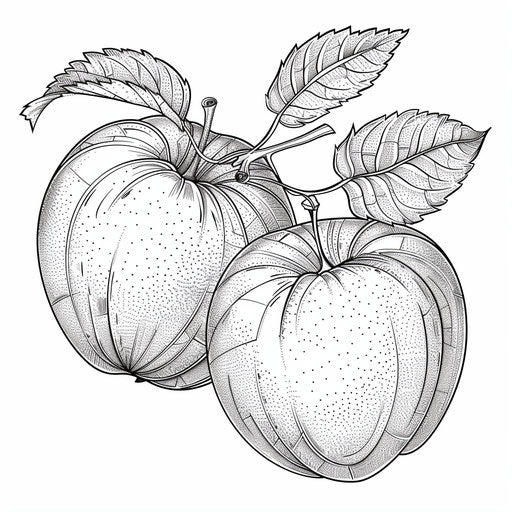 A pair of apples with detailed shading and realistic textures. Coloring book page