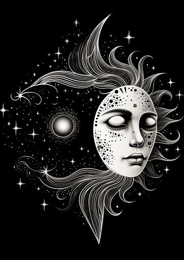 Celestial bodies in black and white psychedelic drawing