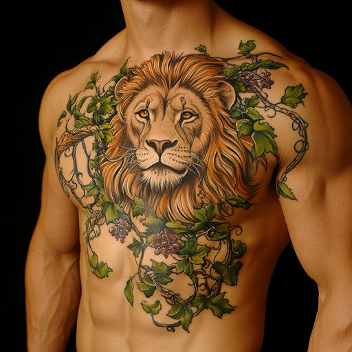 Lion chest tattoo surrounded by vines and thorns