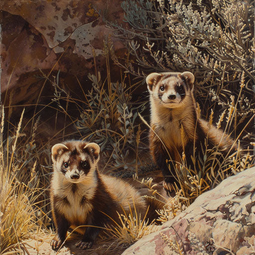 Two black-footed ferrets resting in the shade of a sagebrush