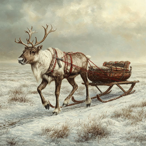 A reindeer pulling a traditional Sami sled in the Arctic