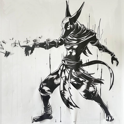 Dynamic black and white stencil of a deity on white background