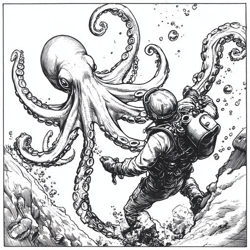 Heroic octopus saving a diver, Mark Schultz style, coloring page
