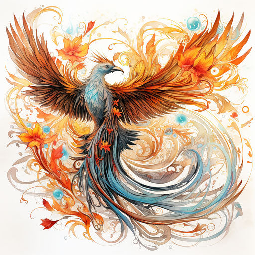 Phoenix drawing on white background, god rays style