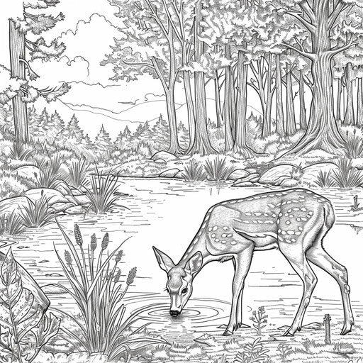 Deer drinking in pond with scenic background