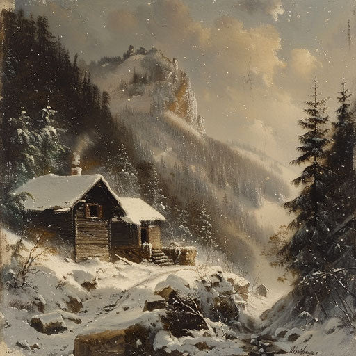 Winter scene at the mountain cabin