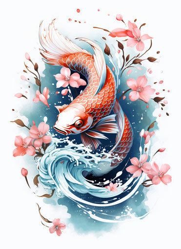 Japanese carp with flower, tattoo-inspired style, white & blue