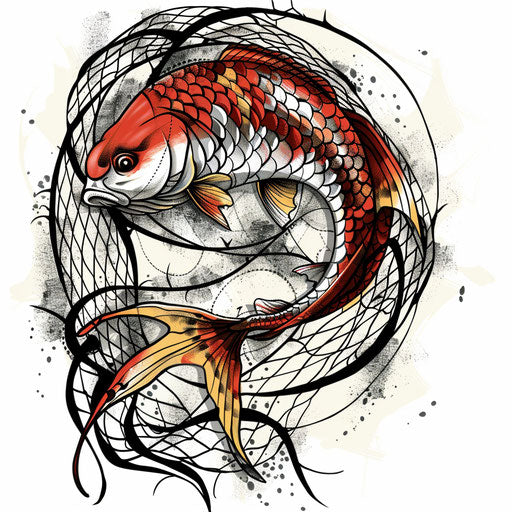 Fish in a net, traditional tattoo in black on white