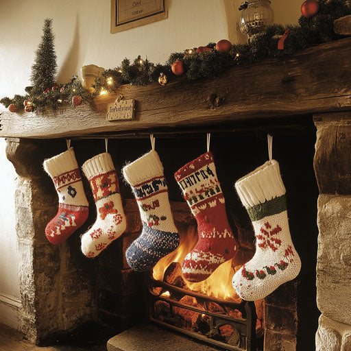 Quaint cottage fireplace with hand-knitted stockings