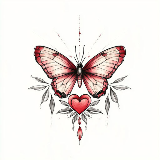 Butterfly and heart in pink and red on pure white