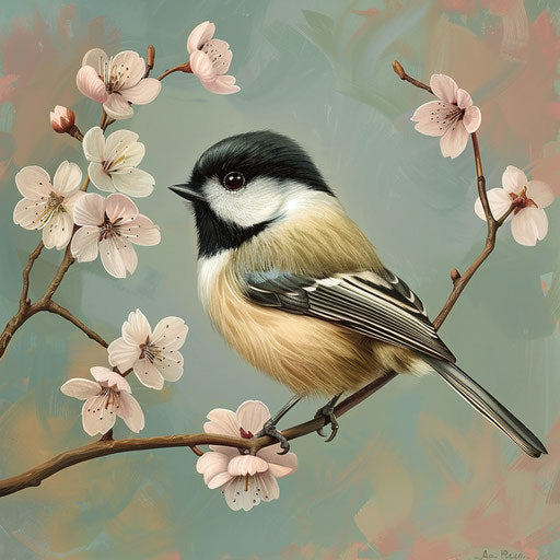 Chickadee on blooming cherry blossom branch