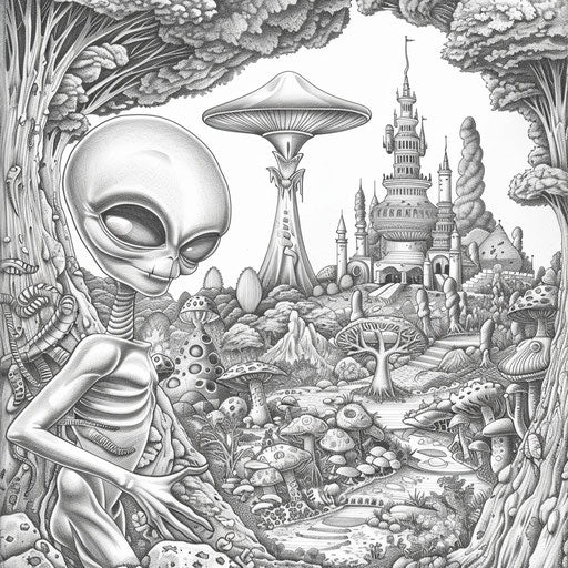Alien in intricate nature scenes, Detmold-inspired coloring page