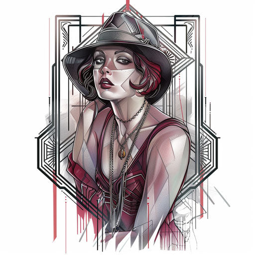 Art deco style gangster tattoo with geometric patterns and a flapper girl