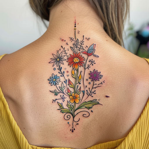 Wildflower tattoo with fairy, bright colors, fantasy theme