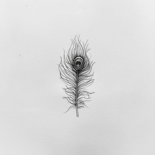 Minimalist black and white peacock feather tattoo sketch with fine line details