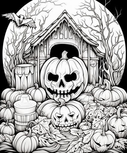 Black and white Halloween coloring page, graphical style