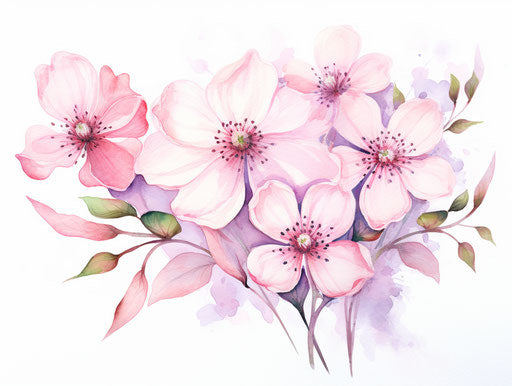 Watercolor flowers illustration, softly blended hues style, pink nature-based patterns 4:3