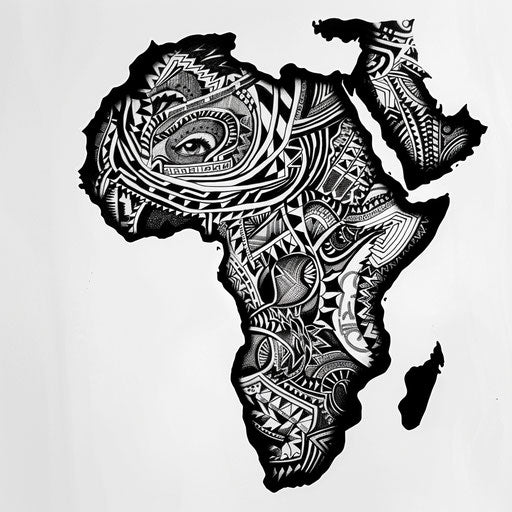 Bold African tattoo design with continent map and traditional patterns on white