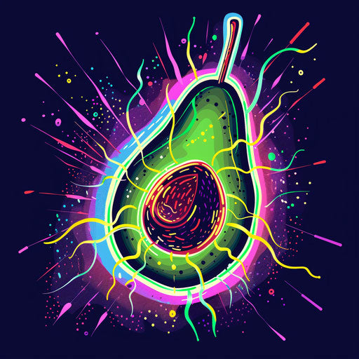 Dynamic flat tattoo sketch of an avocado with a neon burst pattern