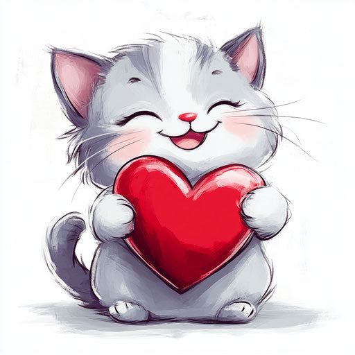 Happy kitten holding a red heart, digital clipart