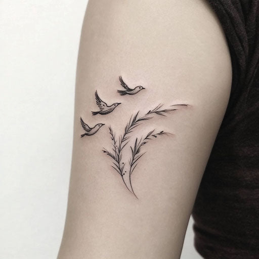 Delicate upper arm tattoo sketch with feather turning into birds