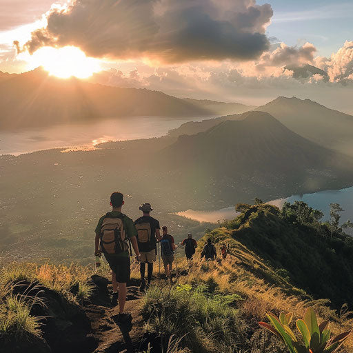 Hikers ascending Mount Batur with panoramic views in Bali