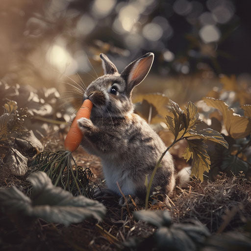A bunny eating a carrot in a garden in the style of Gregory Colbert