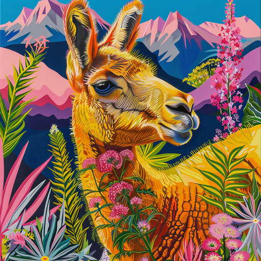 Vicuña with vibrant mountain flora