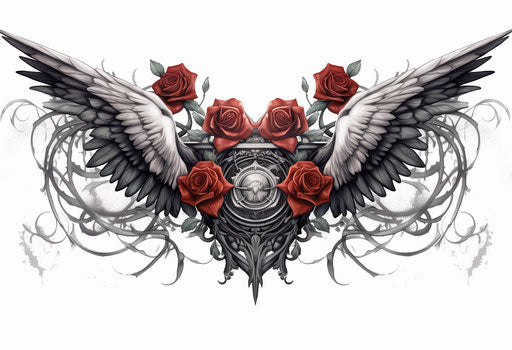 Ornate black and white rose and wings, light gray and red