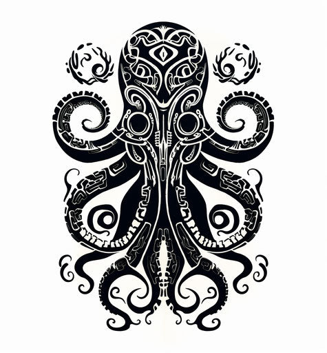 Octopus tattoo with tribal designs in black and white style