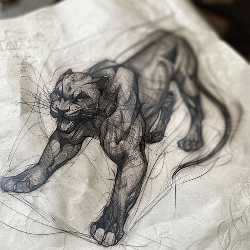 Gothic style black panther tattoo on white parchment