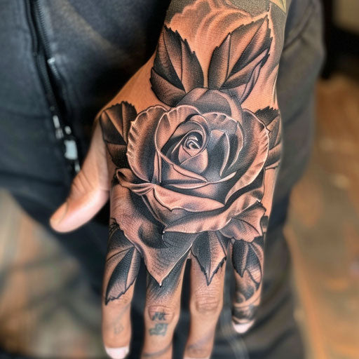 Rose hand tattoo in the style of Ami James featuring a black and grey realistic rose