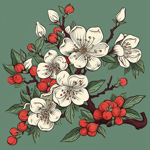 Red and green linocut floral design - symbol of Chinese culture