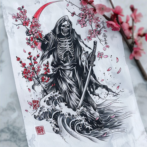 Japanese style reaper tattoo with waves and cherry blossoms