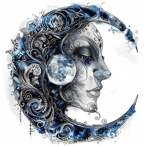 Mystical half moon with hidden face among symbols, silver and blues