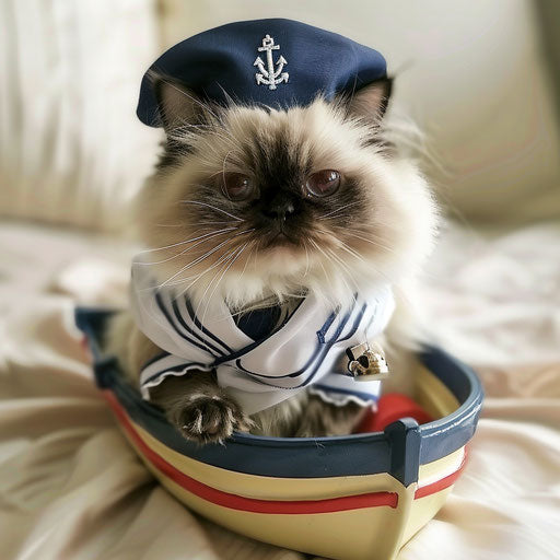 Himalayan cat dressed as a sailor, sitting in a toy boat