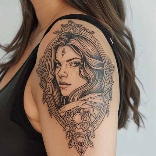 Epic narrative tattoo for women: the story on the shoulder