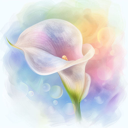 Clipart-style tattoo sketch of a calla lily with a dreamy bokeh effect background in pastel colors