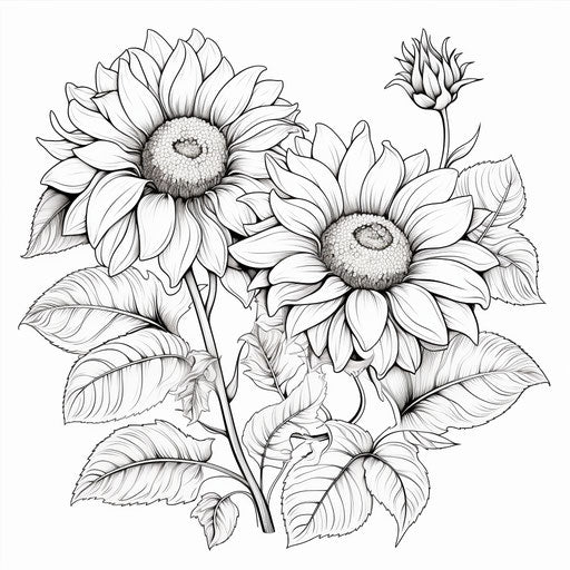 Sunflower and flowers coloring page in whiteline illustration