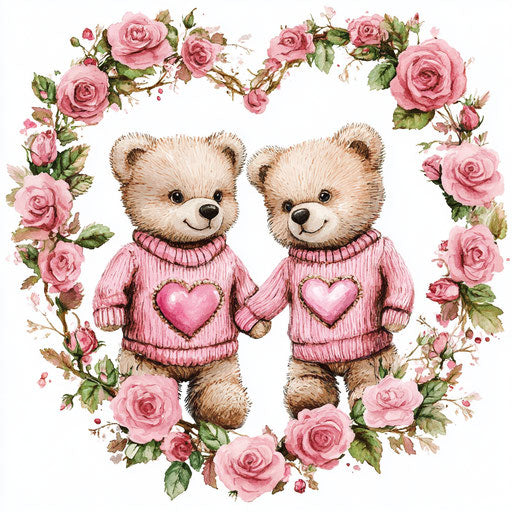 Cute couple of teddy bears in pink sweaters among the roses, heart-shaped wreath on white background