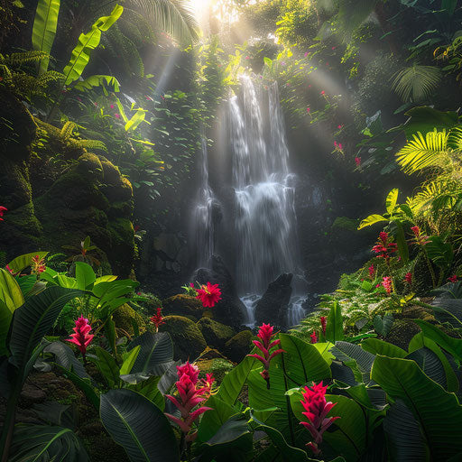 Ruby Falls surrounded by lush tropical foliage